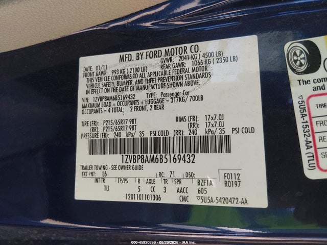 Auction sale of the 2011 Ford Mustang V6, vin: 1ZVBP8AM6B5169432, lot number: 45920399
