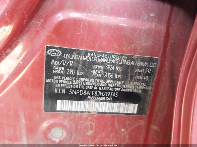 5NPD84LF8JH219343 Hyundai ELANTRA SEL