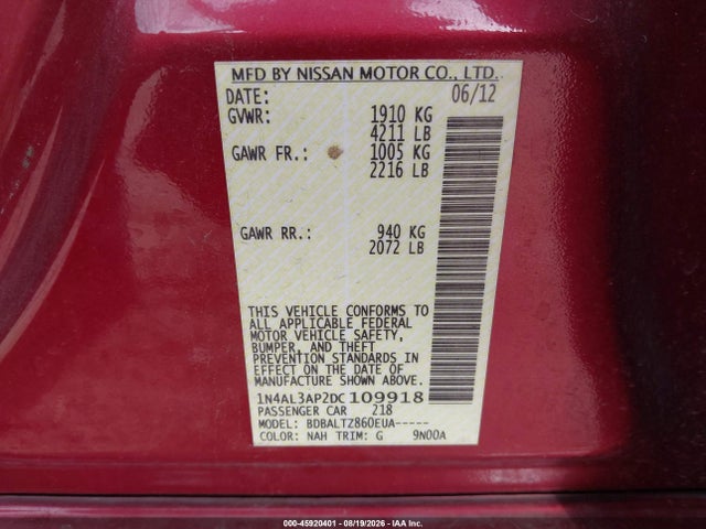 Aukcja sprzedaży 2013 Nissan Altima 2.5 Sv, vin: 1N4AL3AP2DC109918, numer aukcji: 45920401