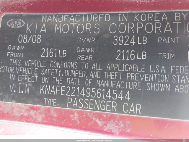 Продаж на аукціоні авто 2009 Kia Spectra Ex, vin: KNAFE221495614544, номер лоту: 45920412