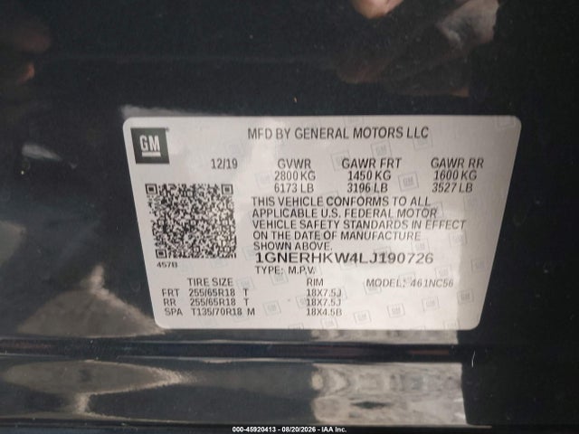 Продаж на аукціоні авто 2020 Chevrolet Traverse Fwd Lt Leather, vin: 1GNERHKW4LJ190726, номер лоту: 45920413