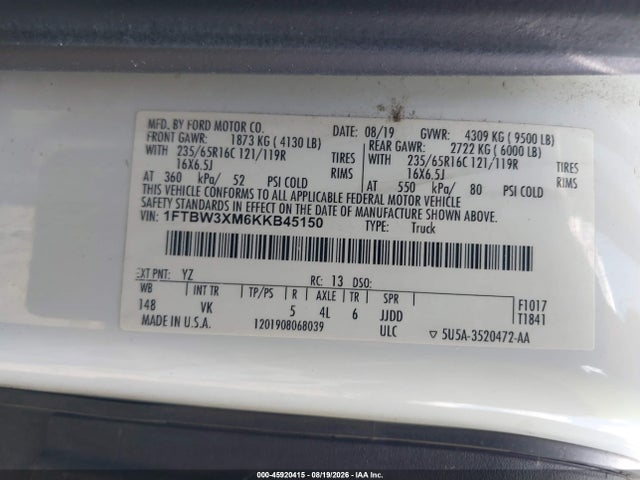 45920415 :رقم المزاد ، 1FTBW3XM6KKB45150 vin ، 2019 Ford Transit-350 مزاد بيع