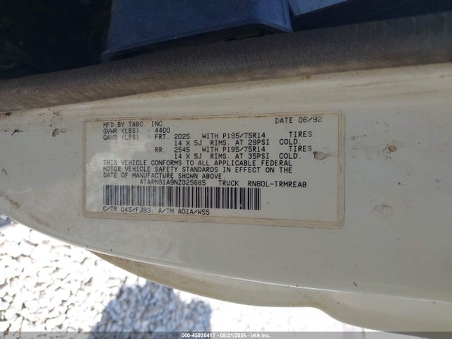 45920417 :رقم المزاد ، 4TARN81A9NZ025685 vin ، 1992 Toyota Pickup 1/2 Ton Short Whlbase Stb مزاد بيع