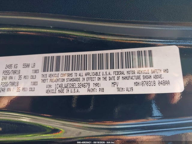 45920421 :رقم المزاد ، 1C4BJWEG9EL324679 vin ، 2014 Jeep Wrangler Unlimited Altitude مزاد بيع