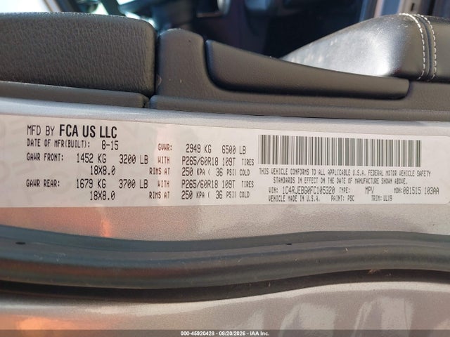 Продаж на аукціоні авто 2015 Jeep Grand Cherokee Limited, vin: 1C4RJEBG0FC105320, номер лоту: 45920428