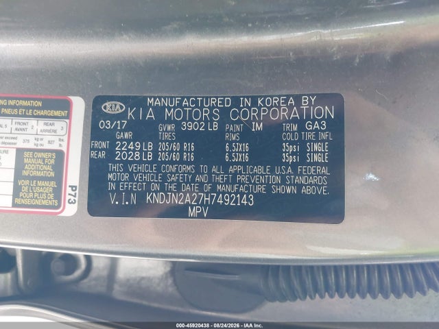 Aukcja sprzedaży 2017 Kia Soul, vin: KNDJN2A27H7492143, numer aukcji: 45920438