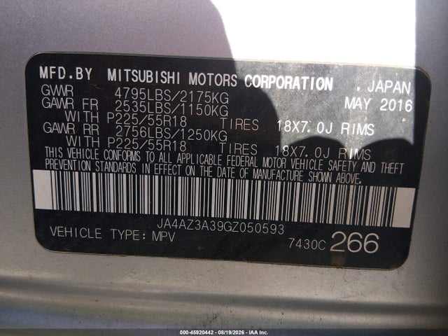 Aukcja sprzedaży 2016 Mitsubishi Outlander Sel, vin: JA4AZ3A39GZ050593, numer aukcji: 45920442