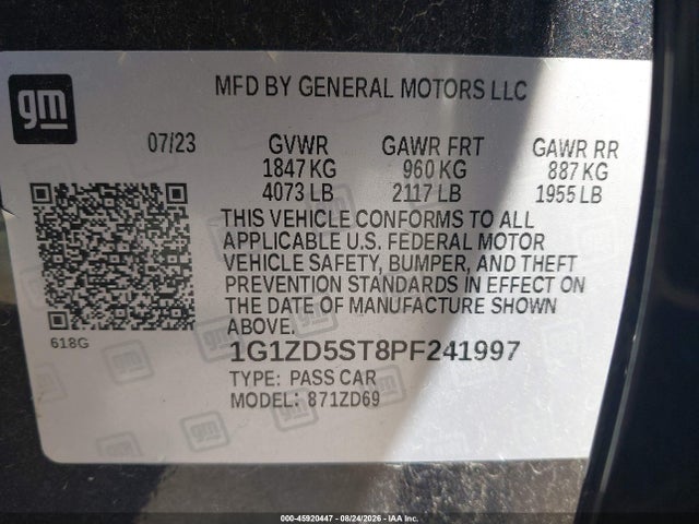 45920447 :رقم المزاد ، 1G1ZD5ST8PF241997 vin ، 2023 Chevrolet Malibu Fwd 1lt مزاد بيع