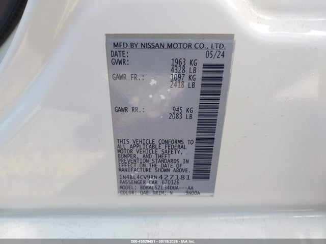 Продажа на аукционе авто 2024 Nissan Altima Sr Fwd, vin: 1N4BL4CV9RN427181, номер лота: 45920451