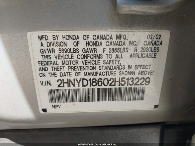 Продажа на аукционе авто 2002 Acura Mdx, vin: 2HNYD18602H513229, номер лота: 45920455