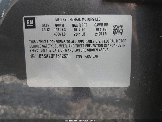 Продаж на аукціоні авто 2013 Chevrolet Malibu 1ls, vin: 1G11B5SA2DF161267, номер лоту: 45920456
