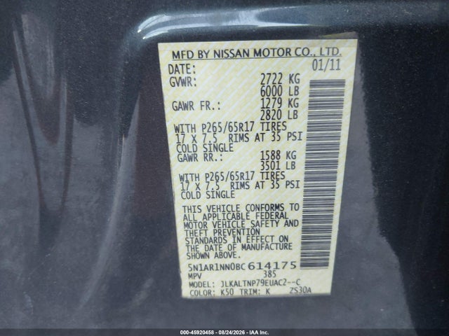 Продаж на аукціоні авто 2011 Nissan Pathfinder Sv, vin: 5N1AR1NN0BC614175, номер лоту: 45920458