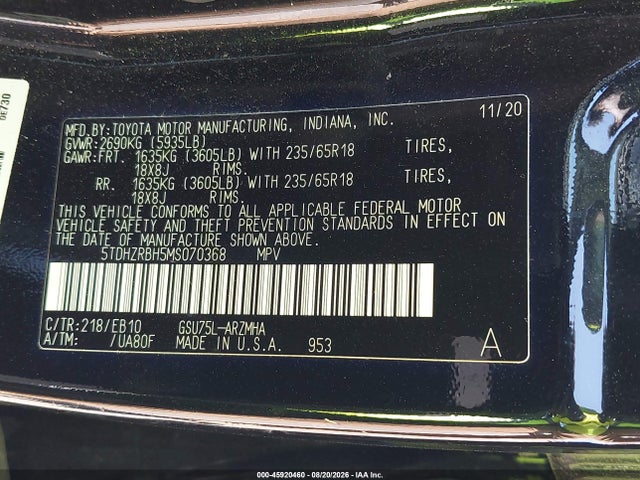 Aukcja sprzedaży 2021 Toyota Highlander Xle, vin: 5TDHZRBH5MS070368, numer aukcji: 45920460