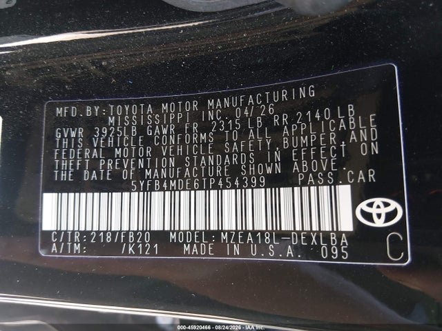 Продажа на аукционе авто 2026 Toyota Corolla Le, vin: 5YFB4MDE6TP454399, номер лота: 45920466