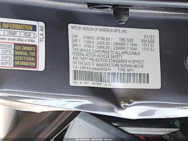 Продажа на аукционе авто 2021 Honda Cr-v Awd Lx, vin: 5J6RW2H28MA003374, номер лота: 45920485