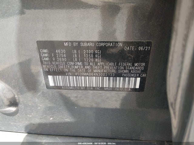 2022 Subaru Legacy მანქანა იყიდება აუქციონზე, vin: 4S3BWAB64N3003133, აუქციონის ნომერი: 45920496