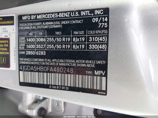 45920502 :رقم المزاد ، 4JGDA5HB0FA480248 vin ، 2015 Mercedes-benz Ml 350 4matic مزاد بيع