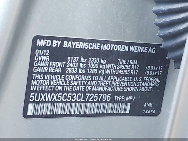 Продаж на аукціоні авто 2012 Bmw X3 Xdrive28i, vin: 5UXWX5C53CL725796, номер лоту: 45920513