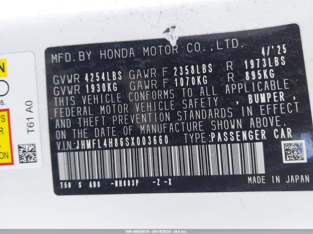 Продаж на аукціоні авто 2025 Honda Civic Hybrid Sport, vin: JHMFL4H86SX003660, номер лоту: 45920519
