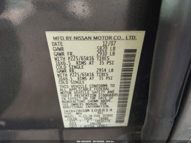 Auction sale of the 2008 Nissan Quest 3.5 Sl, vin: 5N1BV28U18N108814, lot number: 45920558