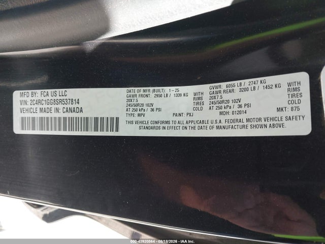 45920564 :رقم المزاد ، 2C4RC1GG8SR537814 vin ، 2025 Chrysler Pacifica Limited مزاد بيع