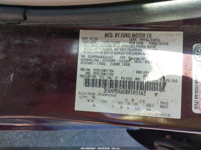 Продажа на аукционе авто 2011 Ford Fusion Se, vin: 3FAHP0HA0BR105562, номер лота: 45920567