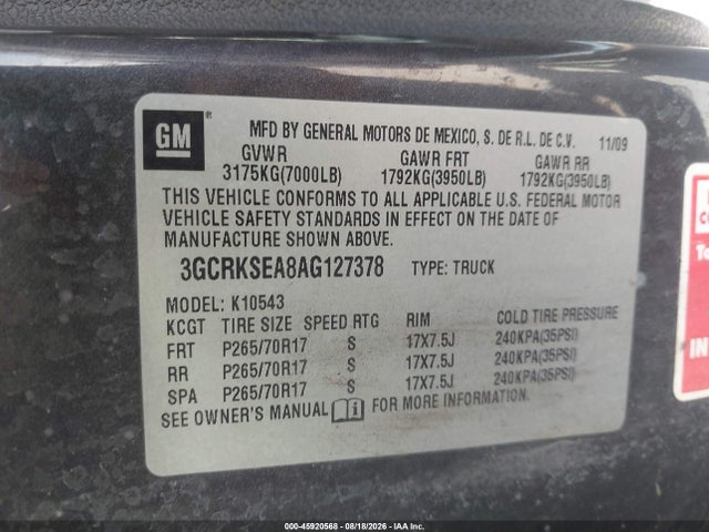 Aukcja sprzedaży 2010 Chevrolet Silverado 1500 Lt, vin: 3GCRKSEA8AG127378, numer aukcji: 45920568