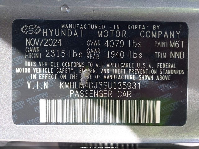 2025 Hyundai Elantra Hybrid Blue მანქანა იყიდება აუქციონზე, vin: KMHLM4DJ3SU135931, აუქციონის ნომერი: 45920573