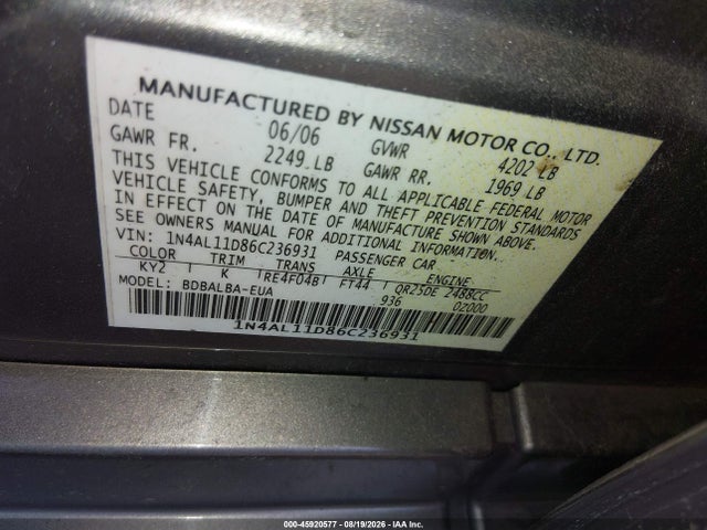 Продаж на аукціоні авто 2006 Nissan Altima 2.5 S, vin: 1N4AL11D86C236931, номер лоту: 45920577
