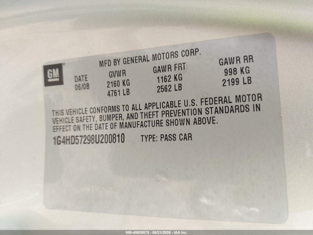 Продаж на аукціоні авто 2008 Buick Lucerne Cxl, vin: 1G4HD57298U200810, номер лоту: 45920578