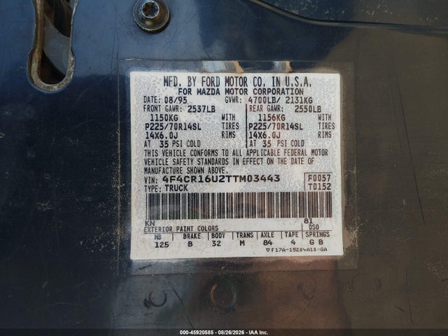 1996 Mazda B3000 Cab Plus მანქანა იყიდება აუქციონზე, vin: 4F4CR16U2TTM03443, აუქციონის ნომერი: 45920585