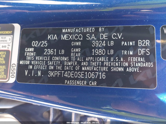 Продаж на аукціоні авто 2025 Kia K4 Lxs, vin: 3KPFT4DE0SE106716, номер лоту: 45920588