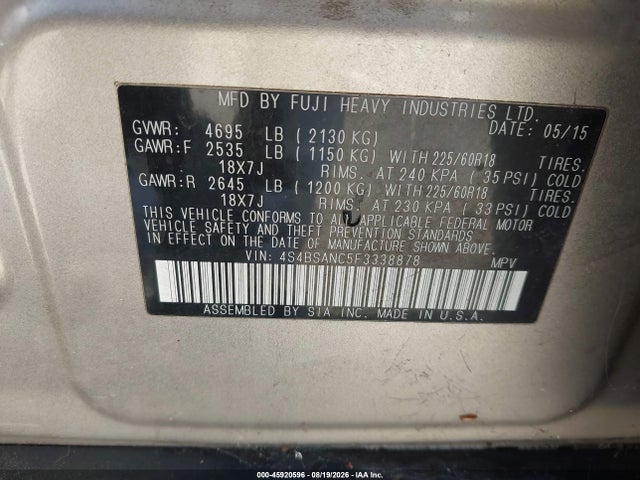 Subaru Outback 2.5i Limited 2015 4S4BSANC5F3338878 Image 9