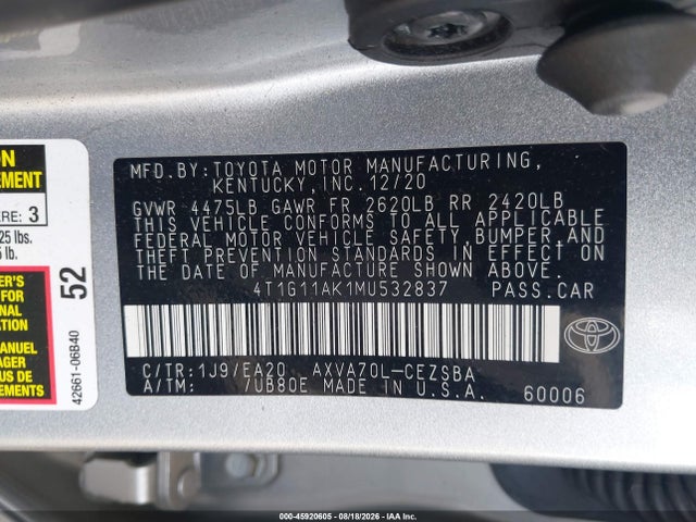 Продаж на аукціоні авто 2021 Toyota Camry Se, vin: 4T1G11AK1MU532837, номер лоту: 45920605