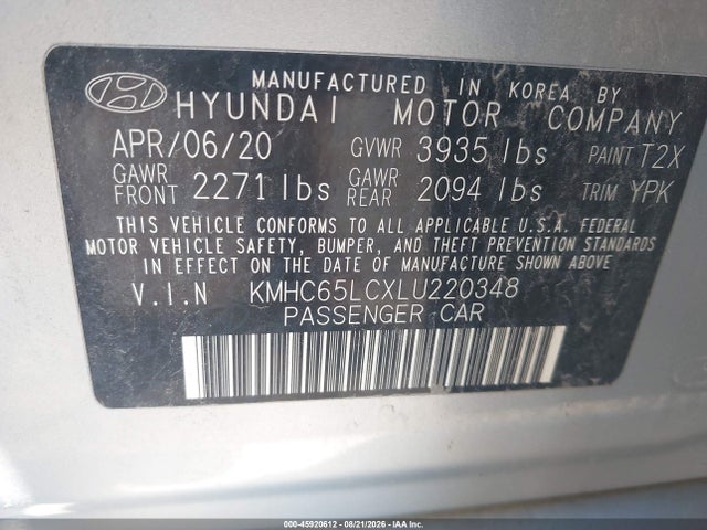 Продаж на аукціоні авто 2020 Hyundai Ioniq Hybrid Blue, vin: KMHC65LCXLU220348, номер лоту: 45920612