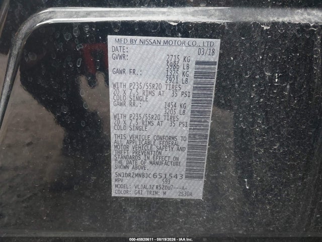 Продаж на аукціоні авто 2018 Nissan Pathfinder Platinum, vin: 5N1DR2MN8JC651543, номер лоту: 45920611