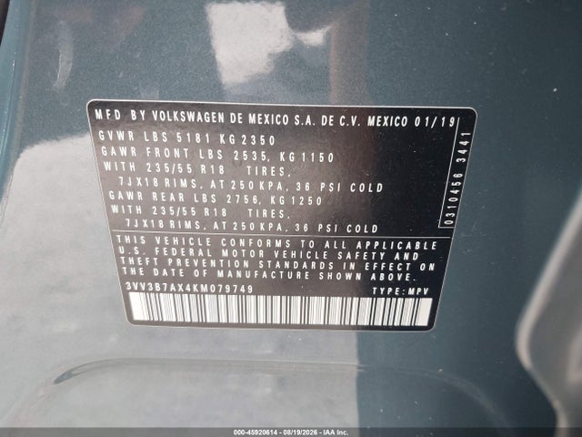 Aukcja sprzedaży 2019 Volkswagen Tiguan 2.0t Se/2.0t Sel/2.0t Sel R-line/2.0t Sel R-line Black, vin: 3VV3B7AX4KM079749, numer aukcji: 45920614