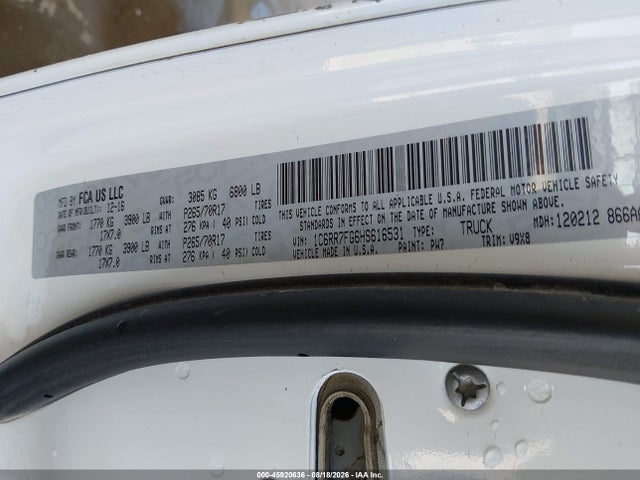 45920636 :رقم المزاد ، 1C6RR7FG6HS616531 vin ، 2017 Ram 1500 Tradesman  4x4 6'4 Box مزاد بيع