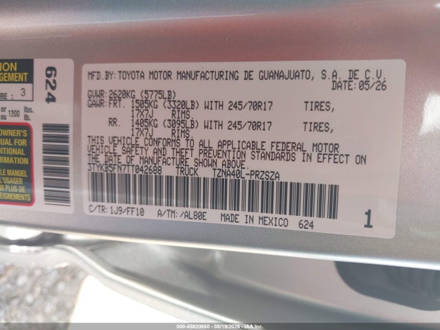 45920660 :رقم المزاد ، 3TYKB5FN7TT042688 vin ، 2026 Toyota Tacoma Sr5 مزاد بيع