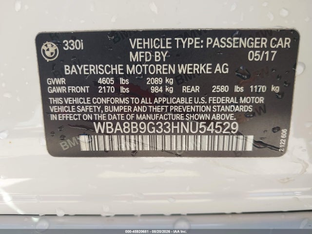Продажа на аукционе авто 2017 Bmw 3 Series 330i, vin: WBA8B9G33HNU54529, номер лота: 45920681