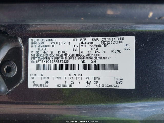 45920682 :رقم المزاد ، 1FTEX1C86FFB76825 vin ، 2015 Ford F-150 Xlt مزاد بيع