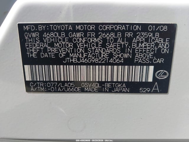Aukcja sprzedaży 2008 Lexus Es 350, vin: JTHBJ46G982214064, numer aukcji: 45920689
