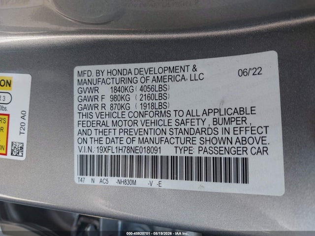 Aukcja sprzedaży 2022 Honda Civic Ex-l, vin: 19XFL1H78NE018091, numer aukcji: 45920701
