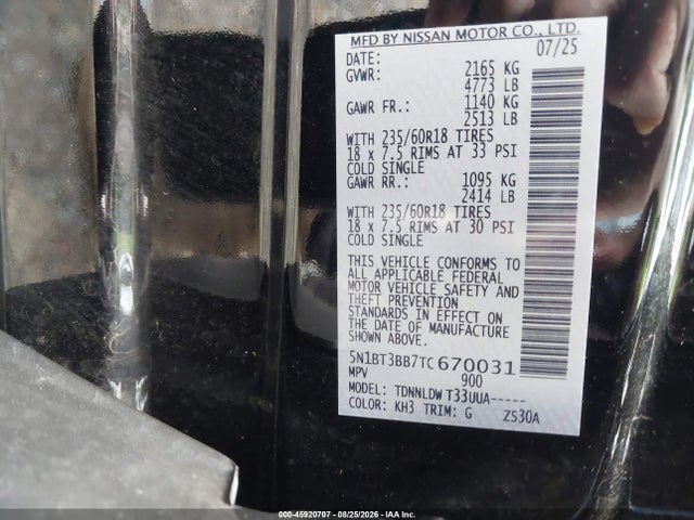 Aukcja sprzedaży 2026 Nissan Rogue Sv, vin: 5N1BT3BB7TC670031, numer aukcji: 45920707