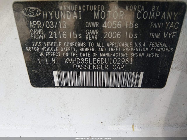 2013 Hyundai Elantra Gt მანქანა იყიდება აუქციონზე, vin: KMHD35LE6DU102961, აუქციონის ნომერი: 45920723