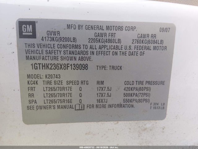 Продажа на аукционе авто 2008 Gmc Sierra 2500hd Slt, vin: 1GTHK236X8F139098, номер лота: 45920732
