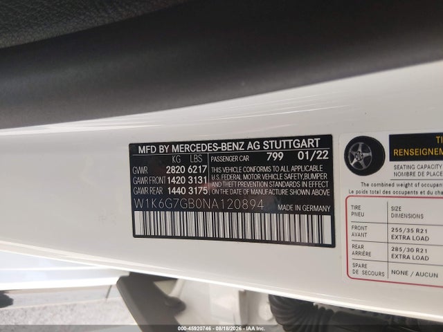 2022 Mercedes-benz S 580 4matic მანქანა იყიდება აუქციონზე, vin: W1K6G7GB0NA120894, აუქციონის ნომერი: 45920746