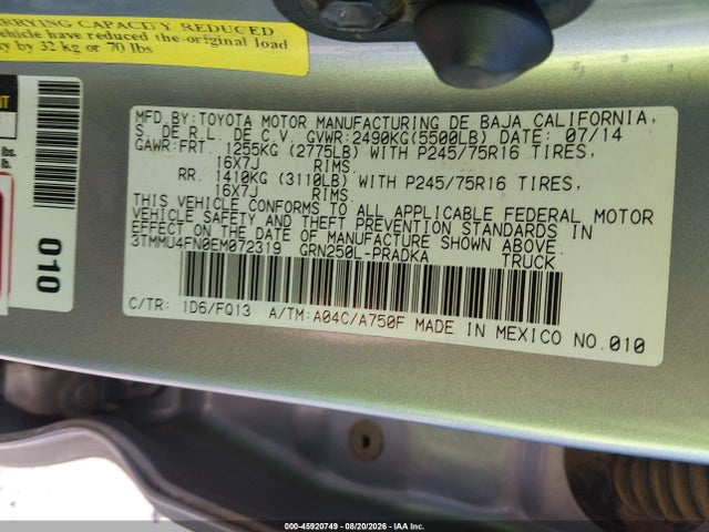 Aukcja sprzedaży 2014 Toyota Tacoma Base V6, vin: 3TMMU4FN0EM072319, numer aukcji: 45920749
