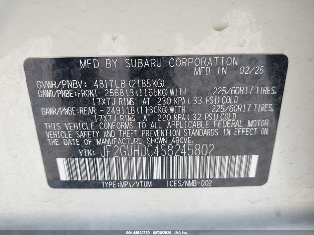 2025 Subaru Crosstrek Premium მანქანა იყიდება აუქციონზე, vin: JF2GUHDC4S8245802, აუქციონის ნომერი: 45920750