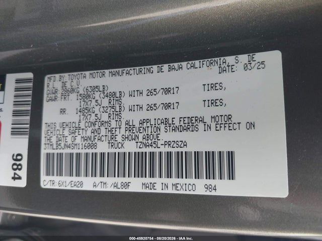 2025 Toyota Tacoma მანქანა იყიდება აუქციონზე, vin: 3TMLB5JN4SM116008, აუქციონის ნომერი: 45920754